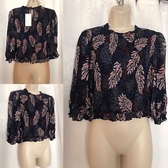 Zara Tops - Zara Feather Print Sheer Shirred Blouse Crop Top